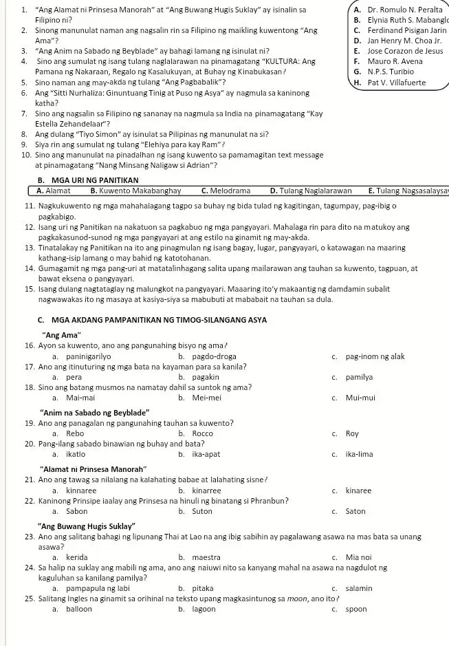 Filipino 9-exam reviewer with answer key. First Quarter,(nilagyan ko na ng answer key para hinde na kayo magreklamo HAHHA.)