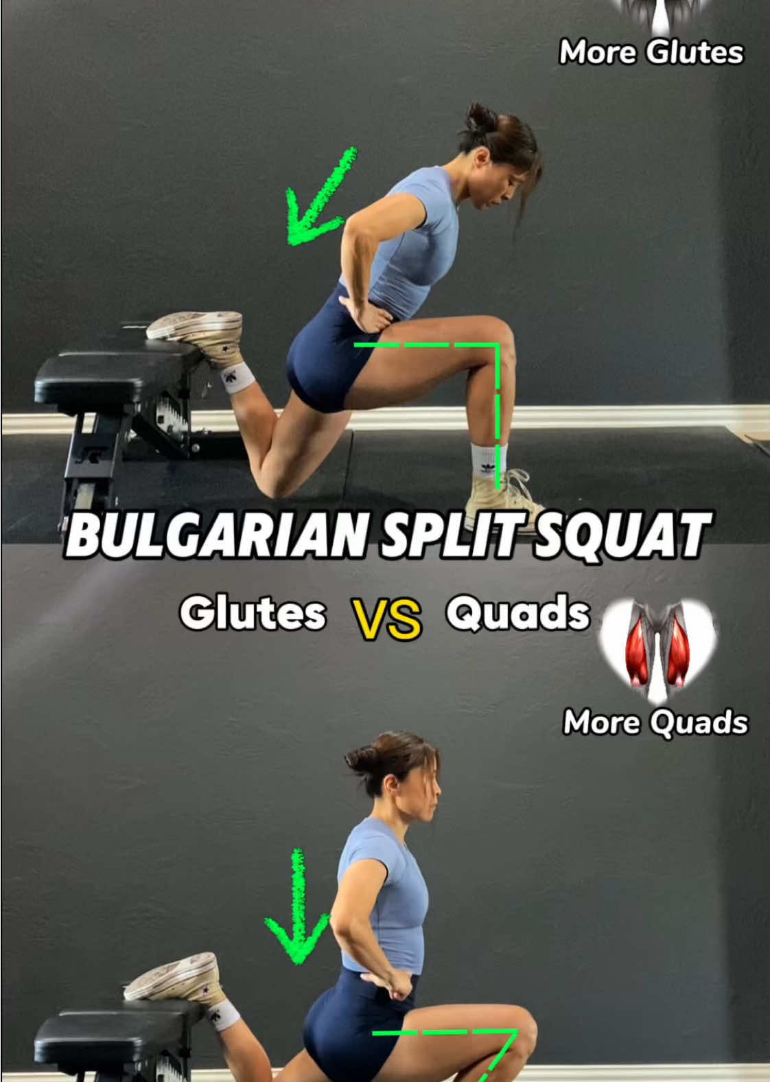 Bulgarian split squat tips, Know the difference more glutes vs more quads #quads #gluteworkout #gym #gymrat #gymtips #fyp #squat