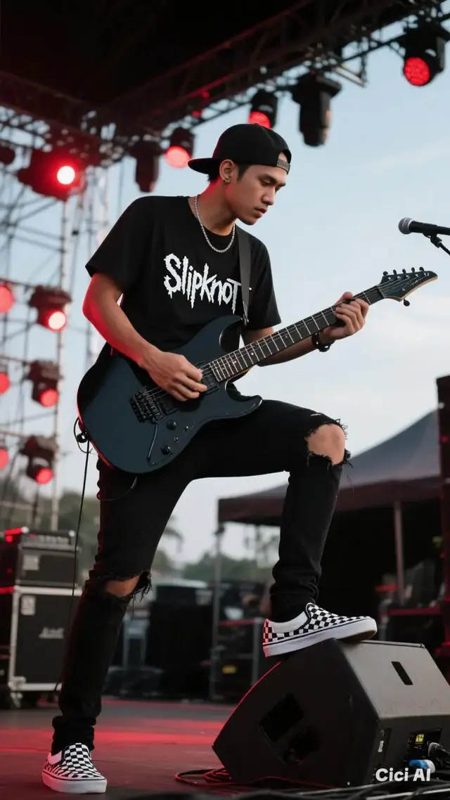 Tutorial edit: 1. Open ciciI app (playstore available) 2. input Prompt 👇 Seorang pria muda indonesia sedang tampil di atas panggung terbuka saat konser musik rock. Ia mengenakan kaus hitam bergambar band metal dengan tulisan 'slipknot', celana jeans hitam robek di lutut, sepatu slip-on motif kotak-kotak hitam putih, dan topi hitam terbalik. Ia memainkan gitar listrik berwarna hitam dengan ekspresi serius, satu kakinya bertumpu di atas monitor panggung. Latar belakang menunjukkan rig pencahayaan dan suasana konser luar ruangan yang mendung dengan lampu merah menyala, ukuran 9:16 3.The prompt can be changed as desired, if the face is not similar enough, use the REMAKEME application to change your face, which can be downloaded from the Playstore. (JIKA WAJAH TIDAK MIRIP GANTI MENGGUNAKAN APLIKASI REMAKEME) #aiediting #prompt #geminiapp #chatgpt #metaai #prompter #editingphoto 