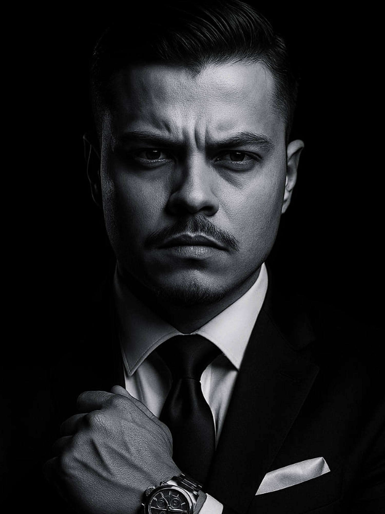 o melhor prompt para chat gpt. Use uma estrutura facial exata, anatomia óssea, textura da barba, intensidade do olhar e linha do cabelo do retrato enviado. A identidade é absoluta - sem estilização, sem reinterpretação, sem suavização. Crie um retrato vertical hiper-realista em preto e branco de um homem, deixando um terno preto de corte elegante com camisa branca e gravata de cetim. Ele ajusta o punho da camisa com uma mão, levantando levemente o outro pulso para exibir sutilmente um relógio de pulso cronógrafo de luxo. A iluminação é forte e direcional, projetando uma luz dividida dramática (meia-sombra) em seu rosto e terno, com sombras profundas e contraste brilhante. Sua expressão é poderosa e cuidadosamente, enfatizando a confiança e controle. O fundo é completamente escuro, permitindo que apenas o lado iluminado do rosto e a parte superior do corpo apareçam. Simule uma configuração de estúdio de alta qualidade com Hasselblad Fidelidade de 100 MP, nitidez de lente perfeita, grão de pele natural e textura de moda premium. Adicionar sombras cinematográficas, brilho suave sem destaque do gravata e profundidade de campo no pulso e no lenço de bolso#ai #photoideas #chatgpt #prompt #photo