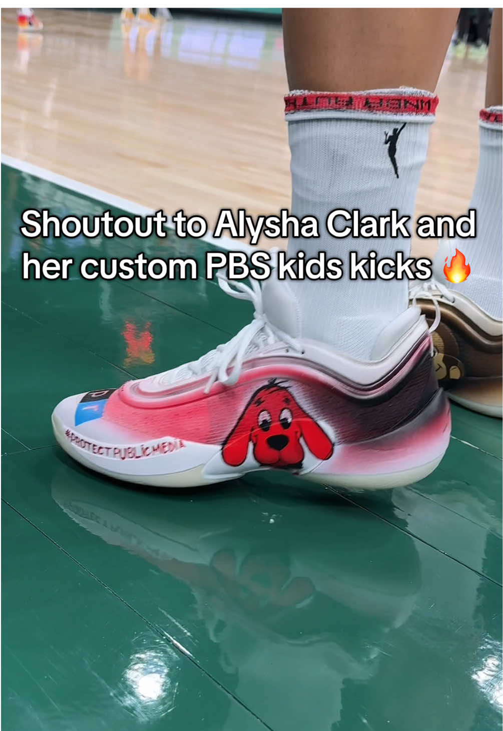 Protect Alysha at all costs (and protect PBS Kids) 🫶 #WNBA #customshoes #pbskids #seattlestorm #seattlesports #arthur #cliffordthebigreddog #elmo 