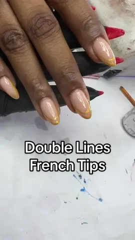 Gold double lines French tips nails design  #nails #asmr #asmrnails #acrylicnails #ovalnails #nailsart #nailartist #nailsvideo #stilletonails #nailtech #almondnails #nailsdesign #nailsalon #frenchtips 