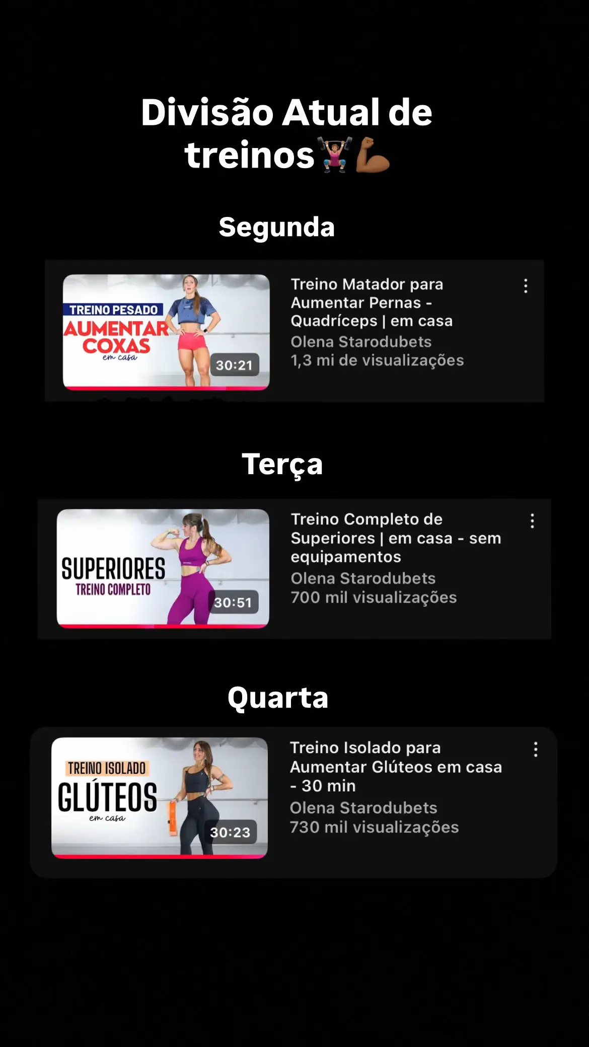 Divisão de treinos atual🏋🏽‍♀️💪🏾 #treinoemcasa #GymTok #fitnessmotivation #divisaodetreino #viral #olena 