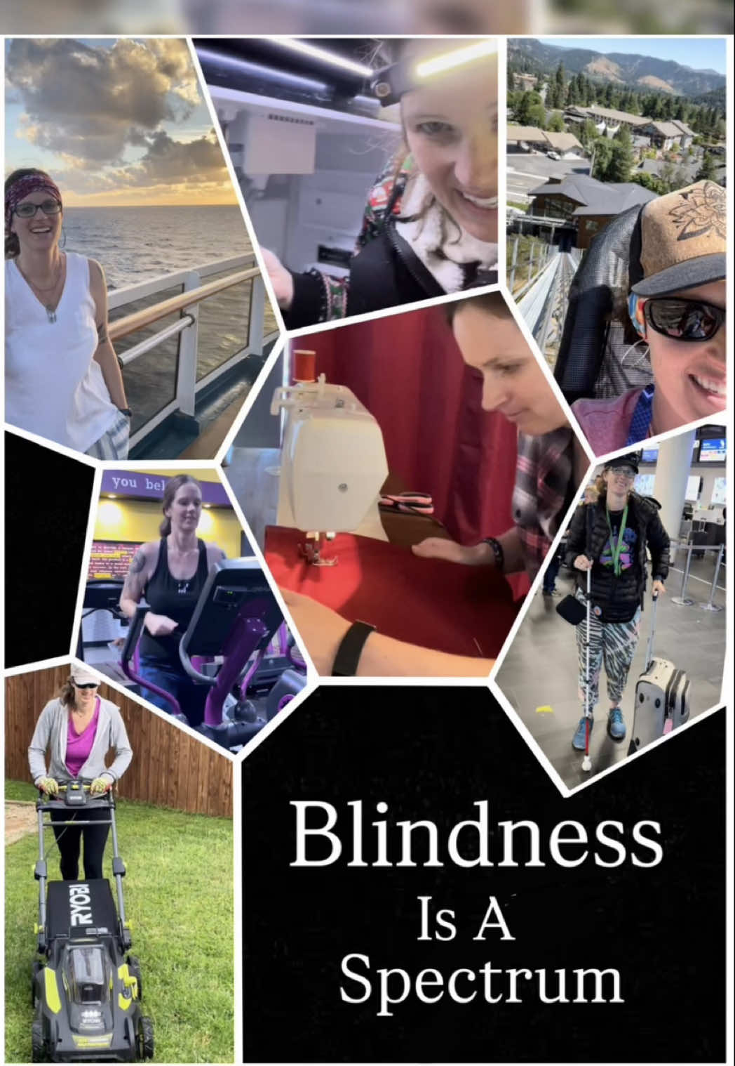 Being blind doesn’t mean I can’t. It might look different for you, and it might take longer for me, but I still do. I do what I can, how I can, and that counts. Do you have a disability that blows people’s minds? Sometimes I even surprise myself after accomplishing something others didn’t expect. But let’s be real… sometimes accidents happen too: 🧵 Sewing – material gets jammed, and I break the needle 🌱 Mowing – run over a tennis ball or water hose 💪🏼 Gym – trip on weights left in the middle of the path 🎢 Rollercoasters – confusion when the attendant doesn’t realize I can’t hear or see well 🚢 Cruising – get lost finding my room and no Wi-Fi to message family 🛠️ Fixing things – lose tiny screws or bolts ✈️ Traveling – TSA struggles with what to do with my white cane It’s not always picture-perfect, but in the end, I look past the challenges and find joy in the memories made and goals achieved. Reel Description for #Accessibility in the comments. #Blind #BlindLife #WhiteCane #LowVision #LegallyBlind #UsherSyndrome #RetinitisPigmentosa #BlindnessIsASpectrum