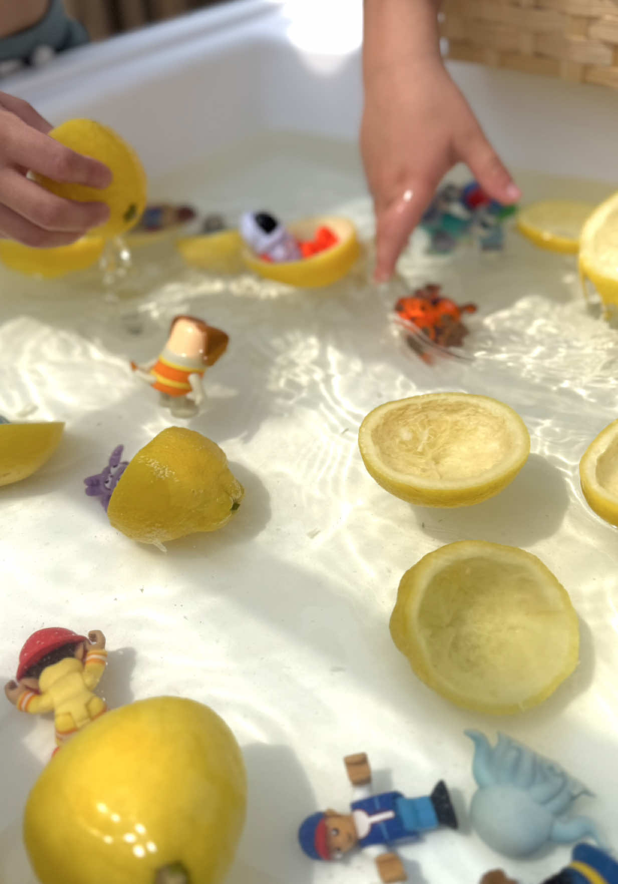It’s hot out and we’ve been making loads of lemonade, here’s your friendly reminder to save those lemon rinds if you’re doing the same! Use them right away or pop them in the freezer for later. Today I tossed ours into water and challenged the kids to balance toy figurines on top without tipping or sinking the “boats.” 🛶💦 It turned into an epic STEM challenge packed with buoyancy, balance and weight distribution, creative problem solving, and lots of steady movements and patience!  ✔️My kids loved it, would your littles enjoy this too?!🍋🛶 Sensory Table System @Guidecraft (code: WILD10) #sensoryplay #sensoryplayideas #kidsactivities #toddleractivities #playideas               
