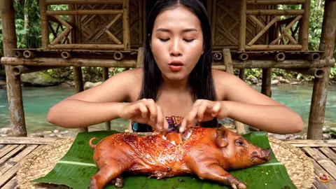 Cute girl eating a big piglet #eating #piglet #indonesia 