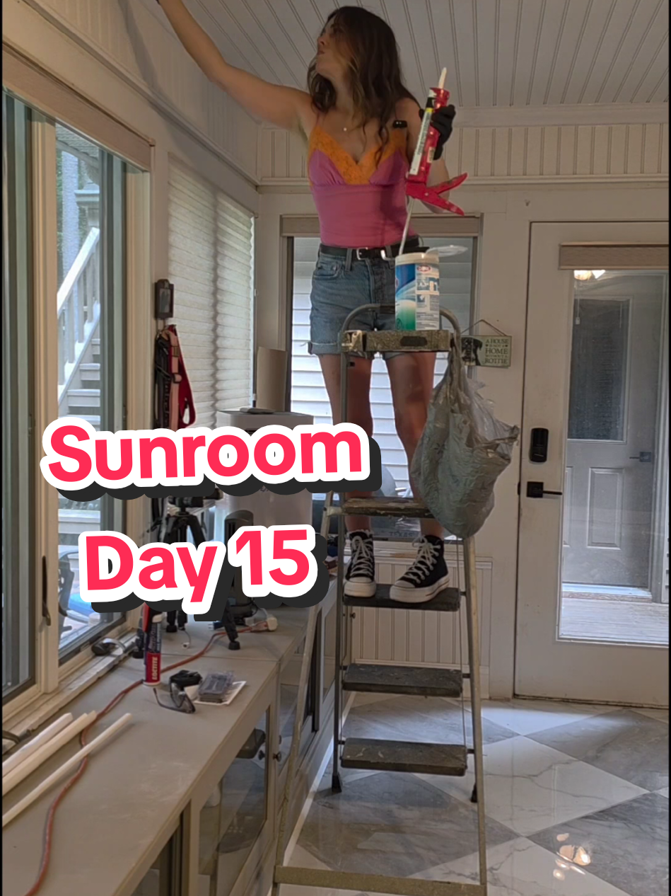 Day 15 & the trim is finally finished. Crown Molding is such a tough DIY but the finished look is 100% worth the pain. #atonoflovediy #atonoflove #baseboardsandmore #diamondpatterntile #sunroommakeover 