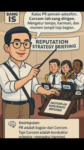Corcom vs Public Relations: Sama Tapi Tak Serupa  “Kalau PR itu senyum manis di muka umum, maka Corcom adalah yang mikirin gimana jangan sampai senyumnya palsu.”  Banyak orang menyamakan PR dan Corcom hanya karena sama-sama ‘kerjaannya ngomong’. Sama seperti menyamakan dokter dan dukun karena dua-duanya pakai jas putih.  Faktanya? PR bisa bikin acara heboh, tapi Corcom yang harus pastikan jangan sampai reputasi perusahaan ikut kebakaran gara-gara salah narasi.  Sebelum membedah lebih dalam tentang posisi Corporate Communication (Corcom), penting untuk meluruskan satu hal mendasar: Corcom bukan sekadar nama lain dari Public Relations (PR).  Keduanya memang beririsan dalam praktik komunikasi, namun memiliki lingkup, posisi, dan orientasi yang berbeda—terutama dalam konteks tata kelola perusahaan modern.  Persamaannya?  Baik Corcom maupun PR sama-sama: - Berfungsi sebagai jembatan komunikasi antara perusahaan dan publiknya. - Bertujuan membangun citra positif dan menjaga kepercayaan pemangku kepentingan. - Melibatkan aktivitas komunikasi strategis seperti media relations, publikasi, kampanye isu, dan manajemen krisis. Namun, kesamaan ini hanya permukaan. Di baliknya, Corcom dan PR bergerak dengan spektrum kepentingan yang berbeda. Perbedaannya?  AspekCorporate CommunicationPublic Relations  1. Fokus Utama: Corcom: Reputasi perusahaan secara menyeluruh PR: Persepsi publik terhadap organisasi atau produk 2. Skala & Tujuan Corcom: Strategis; terintegrasi dengan misi dan governance perusahaan PR: Taktis dan operasional; fokus pada publik eksternal 3. Area Kerja Corcom: Internal & eksternal (karyawan, regulator, pemegang saham) PR: Umumnya eksternal (konsumen, komunitas, media) 4. Hubungan dengan Fungsi Lain Corcom: Melekat ke Risk, CorSec, Sustainability PR: Umumnya di bawah Marketing atau Unit Komunikasi 5. Kepentingan Bisnis Corcom: Menjaga positioning strategis & ketahanan reputasi PR: Mendukung kampanye komunikasi atau penanganan isu tertentu  Kesimpulan:  PR adalah bagian dari Corcom, tapi Corcom jauh lebih besar dari PR.  