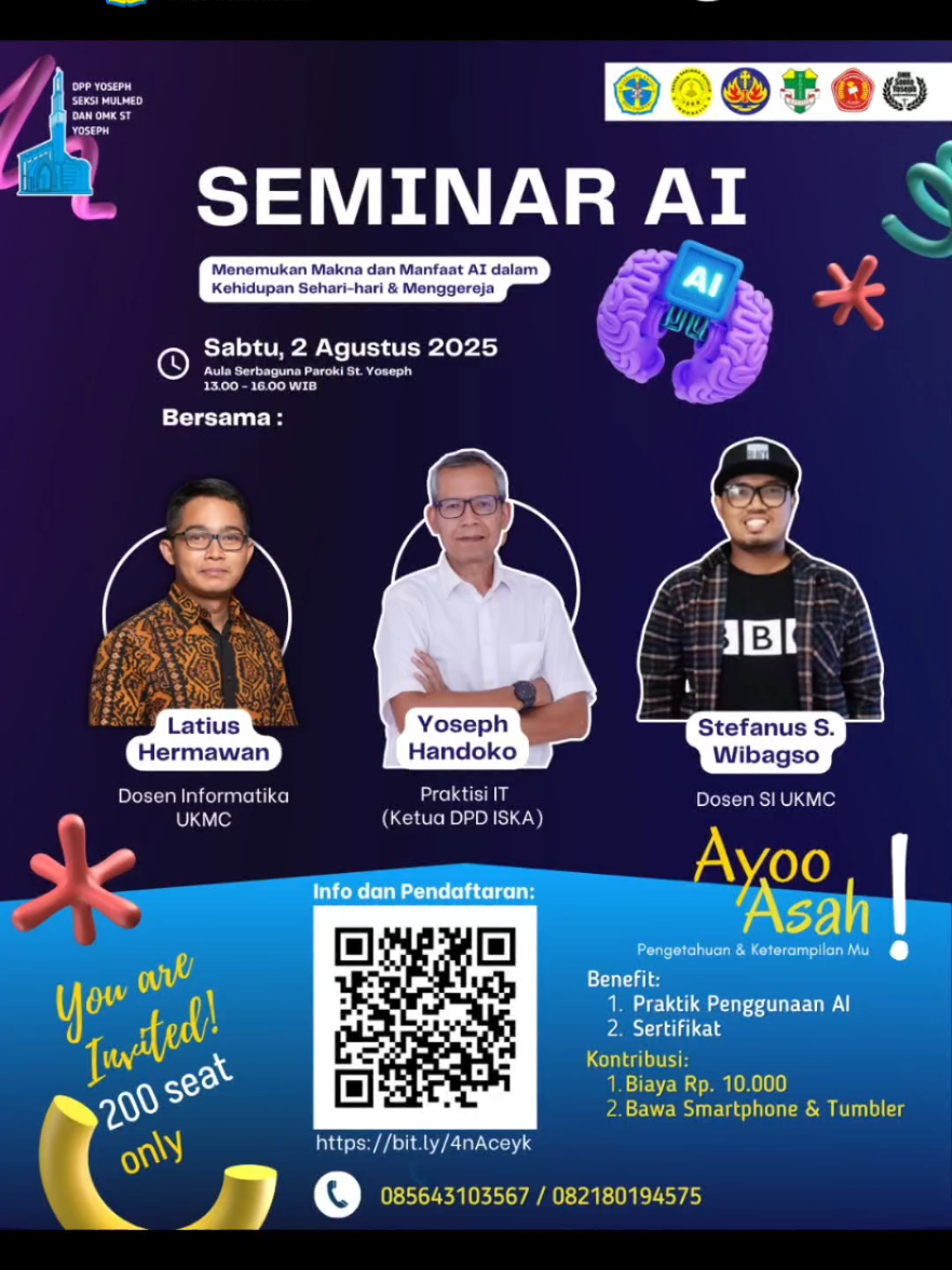 Hai Sobat UKMC! Pernah kepikiran nggak sih, kalau AI itu bukan cuma soal teknologi canggih dan robot-robotan? Lewat seminar ini, kita diajak bareng-bareng nemuin makna dan manfaat AI—nggak cuma buat kehidupan sehari-hari, tapi juga buat menggereja dan melayani. Karena di balik semua kecanggihannya, AI tetap butuh sentuhan nilai, etika, dan iman 🌱 #UKMC #SeminarAI #AIforGood #ImanDanTeknologi #TeknologiBermakna