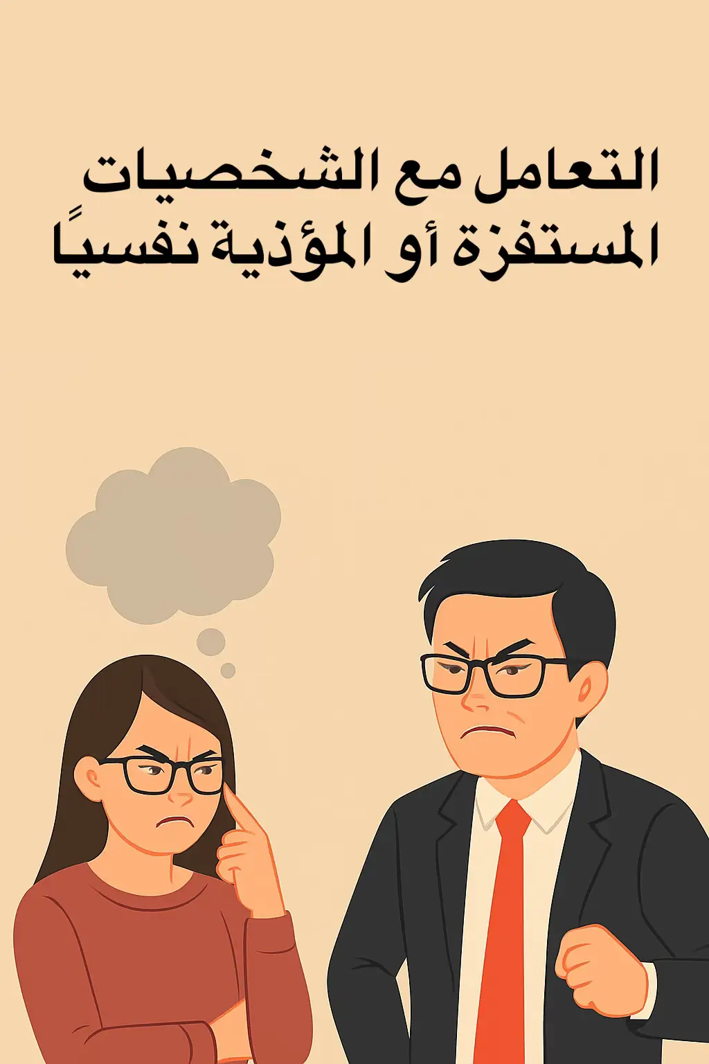 التعامل مع الشخصيات المستفزة أو المؤذية نفسيًا.  ⸻ 🌪️ صفات الشخص المستفز أو المؤذي نفسيًا: 	1.	لا يراك ولا يهتم بمحاولاتك. 	2.	يستخدم الإحساس بالذنب للسيطرة. 	3.	يُحرف كلامك ضدك. 	4.	يتجاهلك أو يتعامل ببرود. 	5.	يؤذيك نفسيًا ثم يدّعي أنك حساس. 	6.	يناقش بطريقة عقيمة وغير منطقية. 	7.	يستغل نقاط ضعفك العاطفية. ⸻ 🧠 في علم النفس: 	•	تجاهل المستفز ليس ضعفًا بل قمة الذكاء العاطفي. 	•	الشخص المستفز لا يستحق طاقتك ولا تفكيرك. 	•	قرارك بالتجاهل هو وعي ونضج، وليس هروب. ⸻ ✅ نصائح فعالة للتعامل مع المستفز: 	1.	كن واثقًا من نفسك. 	2.	قلّل الاحتكاك به. 	3.	تعامل معه بالمنطق لا بالعاطفة. 	4.	اختصر في ردودك. 	5.	لا تُظهر له الغضب. 	6.	لا تحاول استمالته أو استجداء عطفه. 	7.	لا تحاول إقناعه. 	8.	لا تصدر أحكامًا ولا تبرر. 	9.	تعامل معه ببرود. 	10.	احمِ نفسك عاطفيًا ونفسيًا. ⸻ 🧘‍♀️ رسالة تهدئة: “لا يمكن لأي شيء أن يؤثر عليك إلا إذا سمحتَ له. أنا الآن لا أسمح لكلامه أو فعله أن يؤثر عليّ.