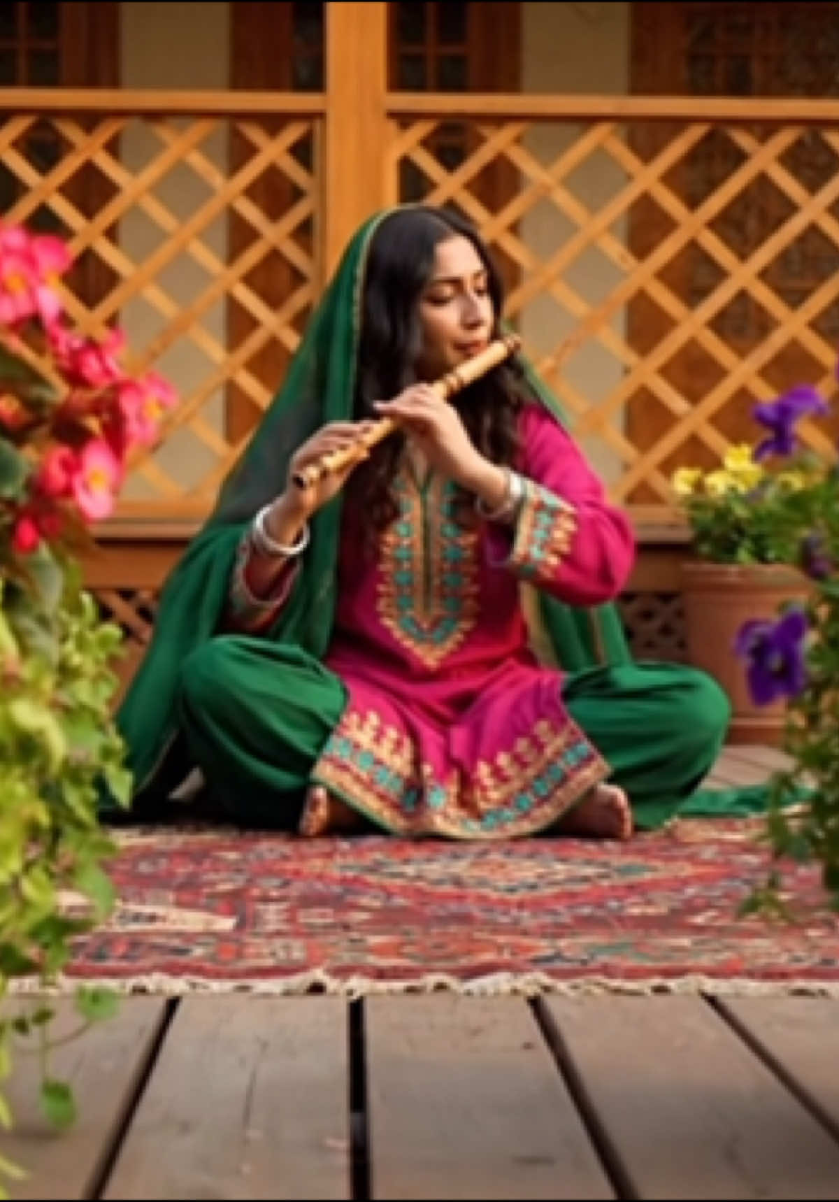 on a handwoven Afghan rug laid over the wooden deck, the Afghan woman plays the net flute. Her posture is elegant and grounded. Potted flowers surround her in a semi-circle #afghanistan #afghangirl #afghanmusic #fyp #viral #flute #afghanwomen #afghansong #afghanflute #viralvideo #