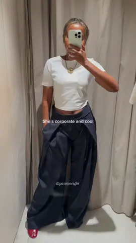 These pinstripe trousers from Zara give a power dressing moment 💙 If you are petite, pair with heel 👠 to avoid drowning.  #zara #zaranewin #petitefashion #zarafinds #creatorsearchinsights  zara pinstripe trousers   navy wide leg pants   petite workwear outfit   high waist trousers zara   capsule wardrobe 2025   how to style pinstripes   zara trouser outfit   chic work outfit zara   red heels outfit inspo   tailored look petite