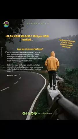 Baru tau sich kalau jalan kali selama 1 jam per hari punya segudang manfaat baik untuk tubuh, lur.  Apalagi jalan kakinya di hutan tropis terbesar kedua di pulau Jawa. Yeachh! 🏃 Apa aja sich manfaatnya? Ini lur manfaat jalan kaki selama 1 jam per hari, selain menyehatkan jantung karena menjaga kadar kolestrol baik, juga bisa membantu menurunkan berat badan karena telah membakar 200-300 kalori. Selain itu juga berfungsi untuk kesehatan mental, meningkatkan imun, juga mengurangi risiko diabetes, dan meningkatkan kualitas tidur. Komplit kan. . 🏃‍♀️Nah, ini nech tips biar kita konsisten jalan kaki 1 jam per hari & gak merasa berat memulai kebiasaan baik ini, lur - Mulai berjalan kaki dengan pelan dalam waktu singkat, setidaknya 15–30 menit secara rutin. - Mulai dari hal kecil, misal beli ke warung/ nongkrong dengan berjalan kaki - Pilih waktu yang konsisten, seperti di pagi atau sore hari. - Pilih rute yang aman dan sejuk, seperti di taman atau alam - Gunakan headset agar suasana jalan kaki lebih menyenangkan. - Kenakan sepatu yang nyaman. - Jangan lupa untuk selalu terhidrasi dengan minum air yang cukup Gimana?, kalo gitu udah siap Fun Walk bareng Rimbadwipa kan lur? Share di kolom komentar pengalaman kalian ya. Referensi: - Diabetes Care (2024), Personalizing Physical Activity for Glucose Control Among Individuals With Type 2 Diabetes: Are We There Yet? - JMIR Public Health and Surveillance (2024), The Effect of Walking on Depressive and Anxiety Symptoms: Systematic Review and Meta-Analysis. - NHS Choices UK, Walking for health. Healthline (2024), What Are the Benefits of Walking? - Healthline (2022), Does Walking 1 Hour Every Day Aid Weight Loss? - Verywell Health (2025), 4 Ways Walking After Eating Improves Digestion. #rimbadwipa #funwalk #funwalks #funwalking #sportphotography 