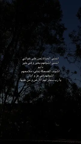 اتمنى الحياة تحن على خواتي اتمنى اشوفهم بخير و في خير دايم  اشوف الضحكة تملىء ملامحهم  اشوفهم في عز و امان  يا رب سخر لهم الارض و من عليها#🤎 