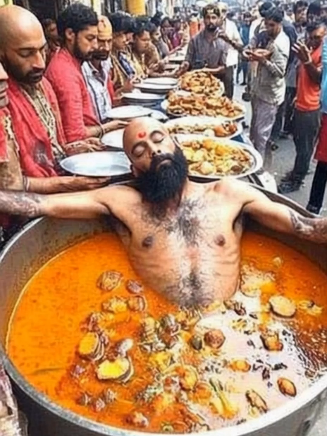Would you dare try the famous “Mystic Curry Bath”? In the heart of the bazaar, this legendary chef claims his secret recipe isn’t just about spices, it’s about the chef himself! Every day, he takes a bath in his own giant curry pot, believing that his energy brings good luck and unique flavor to every dish. Locals swear the taste is out of this world… but maybe that’s just the power of belief (and a little bit of body heat)! Would you try a spoonful of that delicious Shorba dish? #StreetFood #CurryBath #indianfood