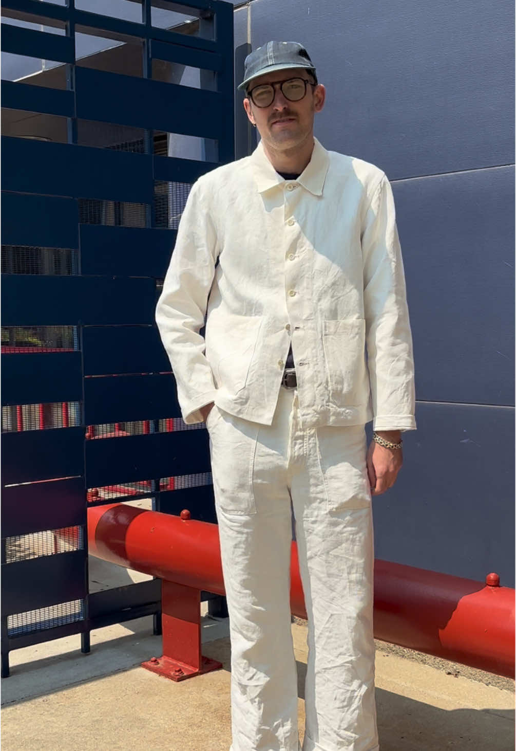 Hemp chore coat reveal, with the matching fatigue pants. Im really happy with how this project turned out, and I anticipate wearing both of these pieces a lot. #sewing #sewingproject #fyp #fashion #menswear #vintage 