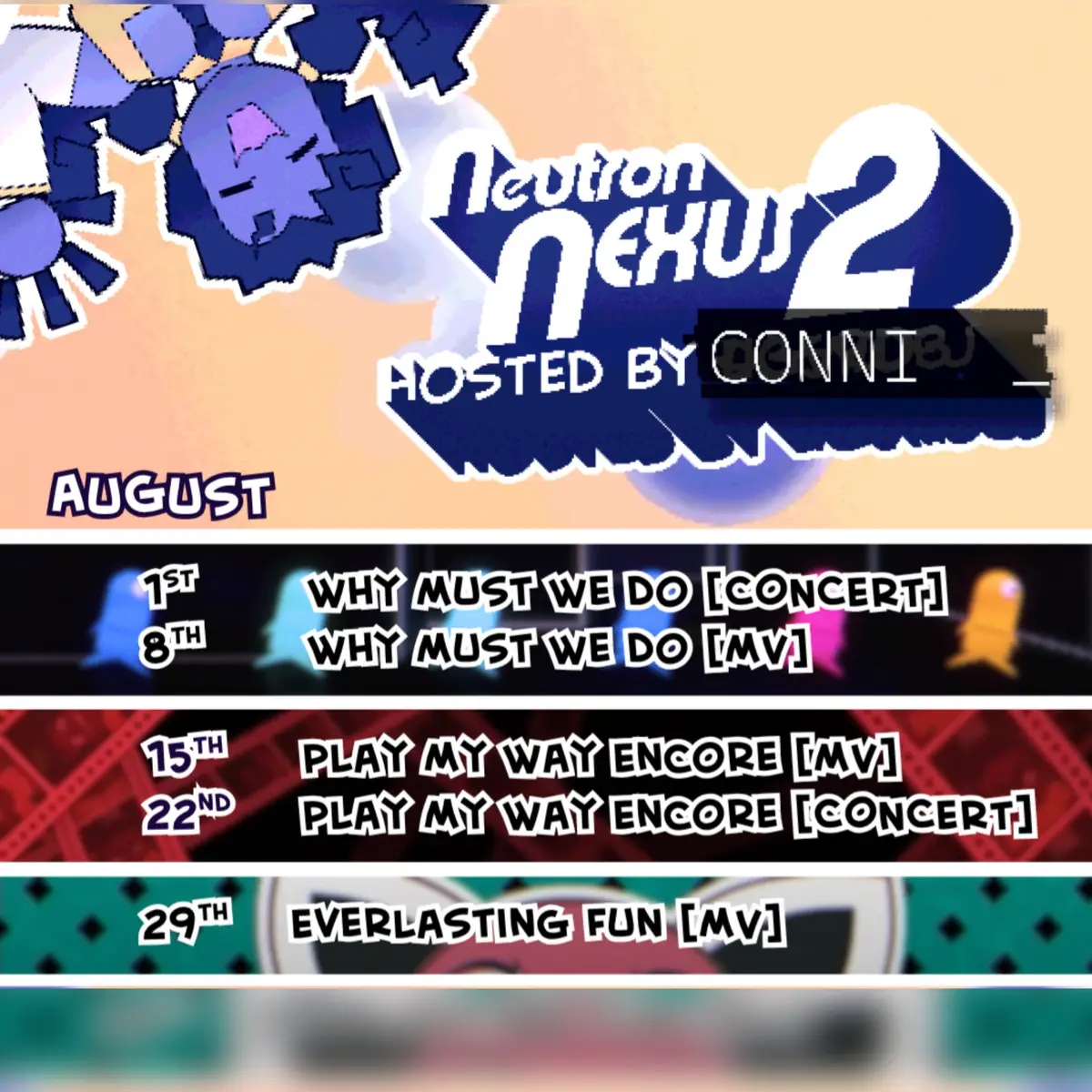 Hello, Everyone! We wanted to keep you posted about the release schedule for the next coming months! A slew of concert videos, lyric videos, and MUSIC VIDEOS for the rest of the summer into the fall! What video are you most excited for?? #NeutronNexus2 #Conni #Repo #AmandatheAdventurer #TheAmazingDigitalCircus #IndigoPark #Jakeneutron
