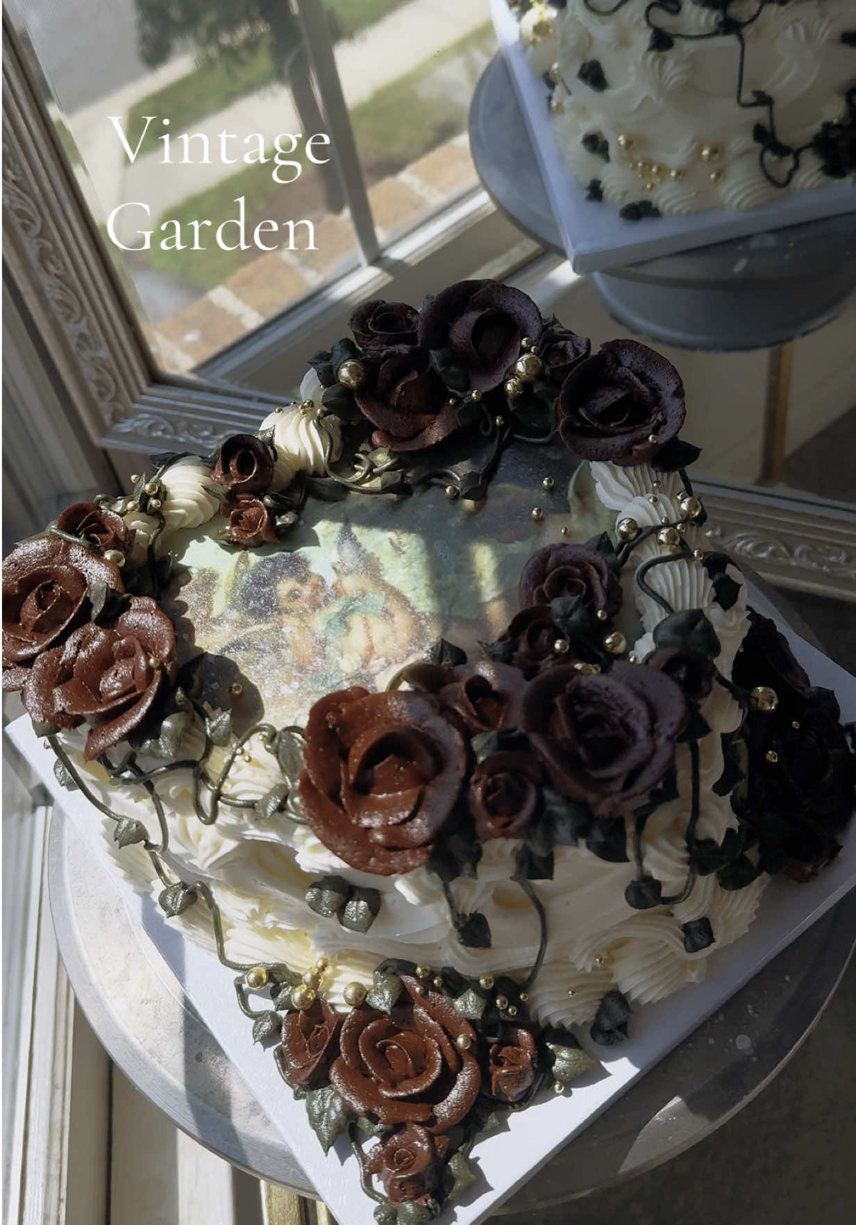 A perfect whimsical garden vintage heart cake. I printed the edible image with @paper2eat • Edible Paper & Ink #bakersoftiktoks #cakedecorating #cakeart #cakeartist #caketok #cakes #bakersoftiktok #cake #washingtondc #cakevideo #dcfoodie #dmv 