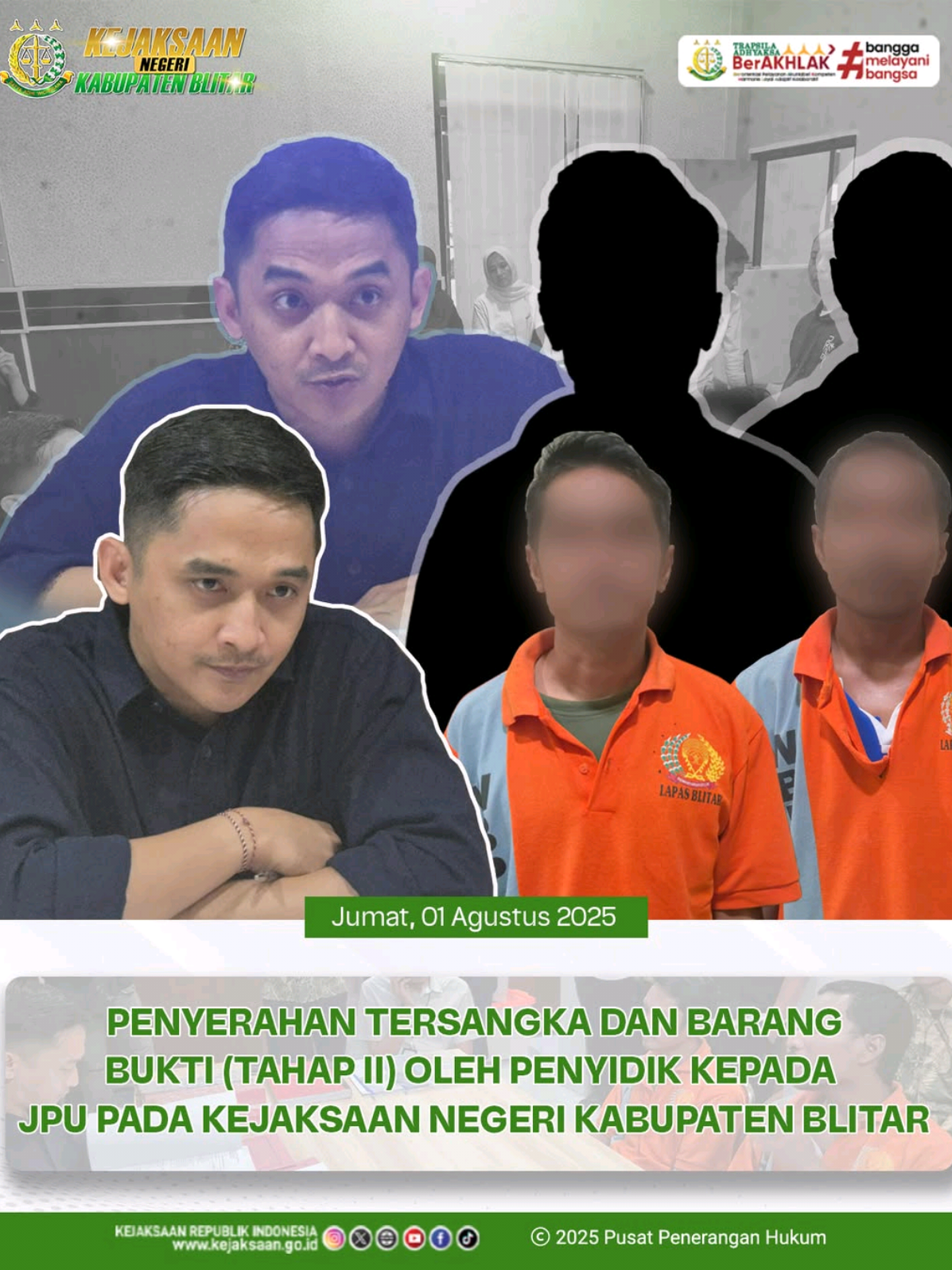 Jumat tanggal 1 Agustus 2025 pukul 15.00 WIB, bertempat di Ruang Seksi Tindak Pidana Khusus Kejaksaan Negeri Kabupaten Blitar Jl. Ahmad Yani No. 11 Kepanjen Lor, Kepanjen Kidul, Kota Blitar, Jawa Timur, telah dilaksanakan Penyerahan Tersangka dan Barang Bukti (Tahap II) Tindak Pidana Cukai, atas nama tersangka berinisial RHW dan BRA.  Kegiatan penyerahan tersangka dan barang bukti ini merupakan bagian dari proses hukum yang tengah berjalan, di mana tersangka beserta barang bukti yang terkait dengan tindak pidana bea cukai tersebut diserahkan oleh pihak Penyidik pada Kantor Pengawasan dan Pelayanan Bea Cukai Blitar kepada Jaksa Penuntut Umum (JPU) Kejaksaan Negeri Kabupaten Blitar untuk selanjutnya diproses sesuai dengan ketentuan hukum yang berlaku. Kegiatan tahap II Tindak Pidana Cukai dilaksanakan dengan harapan dapat memberantas peredaran barang kena cukai ilegal (rokok tanpa pita cukai), sekaligus memberikan efek jera kepada pelaku dan mencegah terjadinya pelanggaran serupa di masa mendatang. #kejaksaanri #kejatijatim #kejarikabblitar #jaksapedia #trapsilaadhyaksa #berakhlak