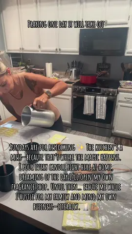 This little kitchen is my candle studio—for now. I’m chasing a dream, one pour at a time. Restocks, messes, and all… I’m building something for my family and I. 🕯️❤️ Praying one day it will take off! #purposeoverperfection  #smallbusinessowner #candlebusiness #waxmelts #fragrance 