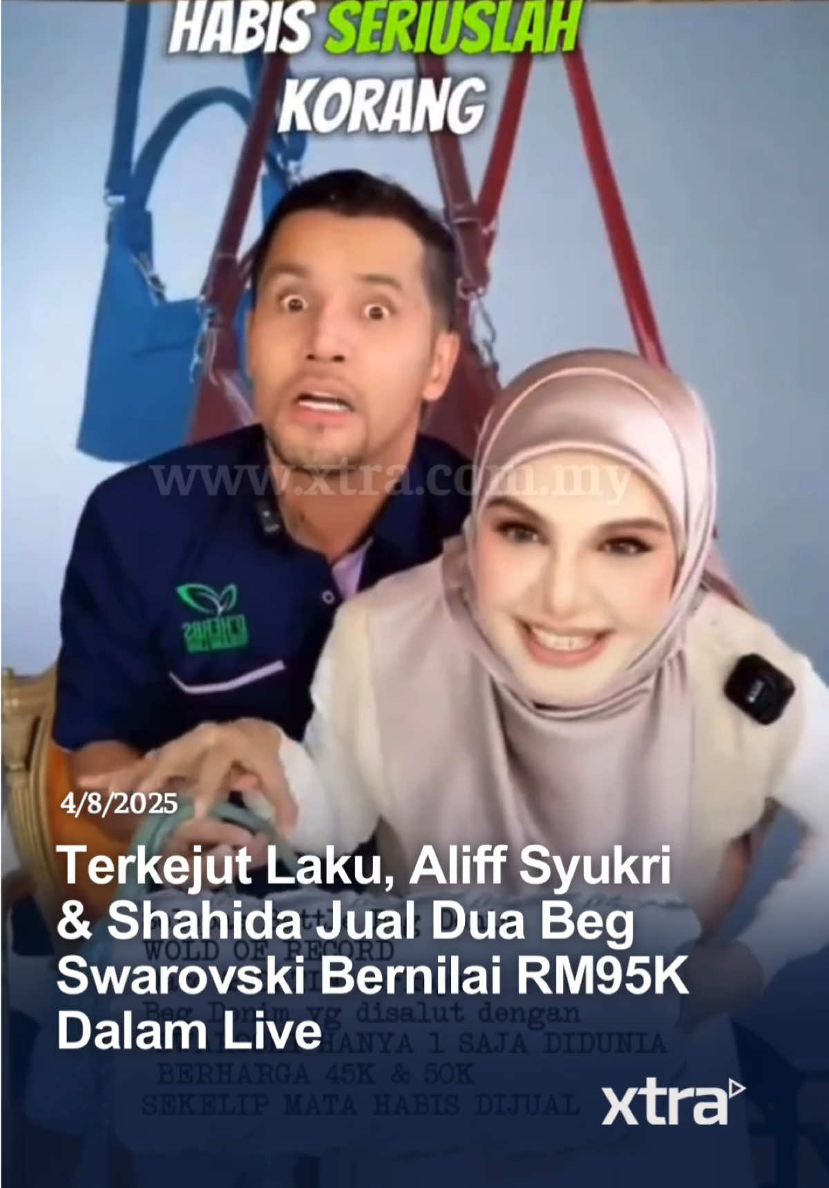 Pasangan usahawan, Datuk Seri Aliff Syukri dan Datin Shahida berjaya menjual dua beg tangan edisi denim bersalut kristal Swarovski bernilai RM45,000 dan RM50,000 dalam satu sesi siaran langsung di TikTok. Shahida memaklumkan bahawa beg tersebut istimewa kerana hanya satu seumpamanya di dunia dan menggunakan kristal asli Swarovski. Mereka turut berkongsi bahawa beg itu akan dihantar sendiri kepada pembeli bersama sijil pengesahan. Pasangan itu turut mengucapkan terima kasih atas sokongan berterusan daripada para peminat dan pelanggan. #fyp #xtra #aliffsyukri #beg #swarovski 🎥: maroseaslegacy