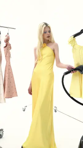Neriss Dress is crafted in silky sophistication, with sea blue and golden yellow tones #THEMAVEN #outfit #fashion 