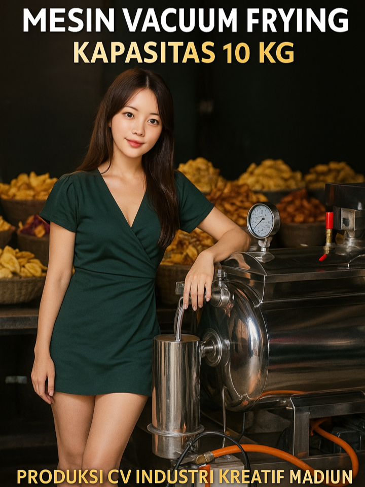 🛠️ Mesin Vacuum Frying Kapasitas 10 kg - CV Industri Kreatif Madiun Mesin Vacuum Frying adalah alat penggorengan dengan sistem vakum (tekanan rendah) yang digunakan untuk menggoreng berbagai jenis buah, sayur, atau bahan makanan lainnya. Teknologi vakum ini memungkinkan penggorengan pada suhu rendah (sekitar 80–90°C), sehingga nutrisi, warna, rasa, dan aroma asli tetap terjaga, serta menghasilkan camilan yang renyah, tidak berminyak, dan tahan lama. 💡 Cocok untuk produksi keripik buah seperti: 🍌 Pisang, 🍍 Nanas, 🍎 Apel, 🥕 Wortel, 🍠 Ubi, dan lainnya. ✅ Spesifikasi Utama: Kapasitas: ±10 kg/proses Material: Stainless steel food grade Sistem kerja: Penggorengan dengan vakum Daya: Bisa menggunakan listrik atau diesel (custom) Fitur: Hemat minyak, hasil renyah, warna tetap cerah 🚚 Melayani Pemesanan & Pengiriman ke Seluruh Indonesia! 📍 Workshop: Jl. Raya Madiun-Ponorogo KM.12, Jatisari, Purworejo, Kec. Geger, Kab. Madiun, Jawa Timur. 📞 Fast Respon WhatsApp: 081234280625 💬 Konsultasi gratis dan bisa COD (area tertentu). #VacuumFrying #MesinKeripikBuah #MesinVacuumFrying #MesinGorengVakum #KeripikSehat #UMKMSukses #CVIndustriKreatifMadiun #MesinProduksiMadiun #MesinUMKM #KeripikBuah #PeluangUsaha #AlatUsahaMakanan #KeripikModern #VacuumFryerIndonesia #MesinMadiun #KeripikBuahRenyah