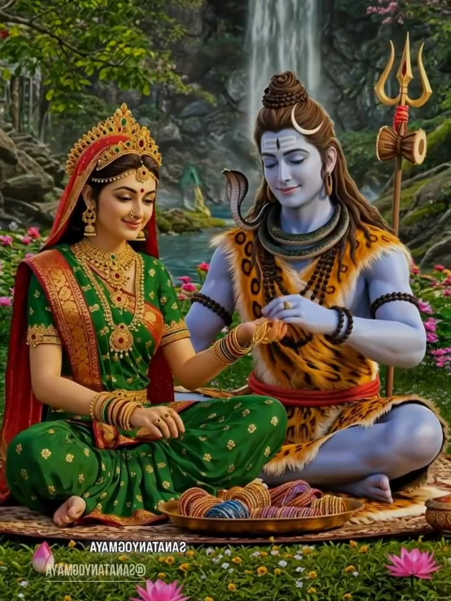 In the sacred month of Sawan, when devotion fills the air and nature blooms in celebration, Lord Shiva lovingly gifts divine bangles to Goddess Parvati as a symbol of his eternal love and union. As Parvati smiles with shy grace, Shiva gently places the shimmering bangles on her wrists, their sound echoing like sacrec mantras in the Kailash sky. In that tender moment, the Lord of Destruction becomes the Lord of Love -proving that even the mightiest are softened by devotion and the bond of true companionship🙏🕉🔱