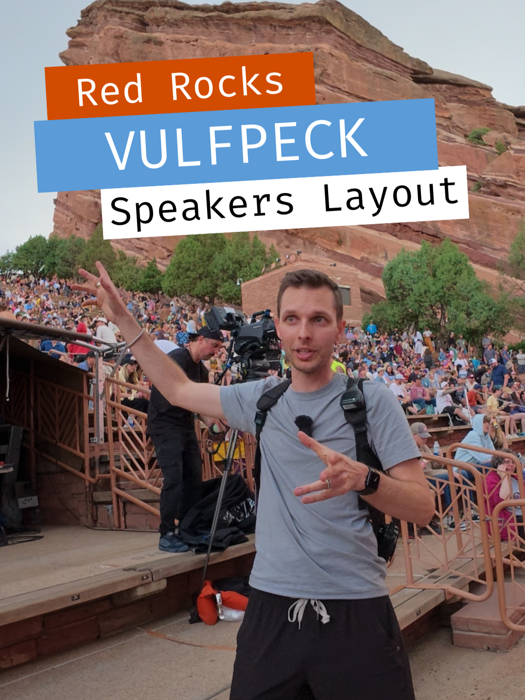 At Red Rocks, @vulfpeck_official’s PA system uses a line array, a vertical stack of speakers angled to evenly cover the entire venue, including the highest rows. As you move up the array, speakers couple together to project more energy into the crowd. Front of House Mixer, Jake Hartsfield, mixes from the ground, but works closely with the system engineer during the show to ensure balanced coverage throughout the venue. If wind or humidity impacts the way sound travels, adjustments are made live. Like boosting the top speakers a few decibels to keep the mix consistent from front to back. Featuring Jake Hartsfield, Front of House Mixer