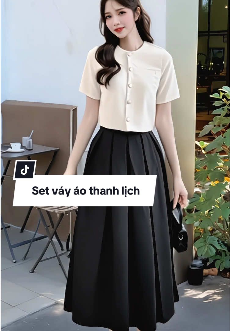 Set váy áo (có tách lẻ set), áo croptop tay ngắn cổ tròn phối cùng chân váy xếp ly dáng dài thanh lịch sang trọng #setvayao #setdoxinh #macdepmoingay #thoitrangnu #xuhuong #saocongso 