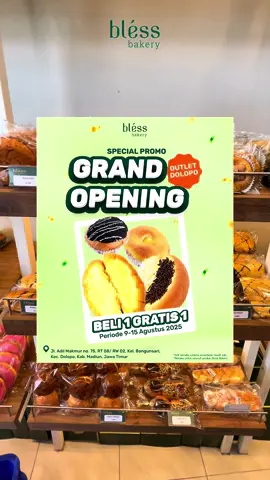 🎉 Bless Bakery Segera Hadir di Dolopo! 🎉 Teman Bless, siap-siap ya! Outlet terbaru Bless Bakery akan hadir di Dolopo 8 Agustus 2025! 🥳✨ 📍 Jl. Adil Makmur No. 75, RT 08/RW 02, Kel. Bangunsari, Kec. Dolopo, Kab. Madiun, Jawa Timur Akan ada special PROMO BELI 1 GRATIS 1 semua roti pilihan mulai 9–15 Agustus 2025! 😍 Jangan lupa datang Teman Bless 🥳 #blessbakery ##blessbakerydolopo #bakeryenak #rotikitasemua #rotienak #snackboxmurah #snackboxhajatan #snackboxacara #xybca #fyp 