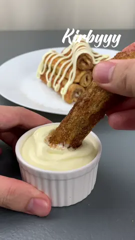 Cinnamon Roll French Toast Rolls cinnamon butter: 60g butter 1/4 cup brown sugar 2 tsp cinnamon powder french toast: 8 slice bread 2 eggs 60ml milk 1 tsp vanilla extract coating: 1/4 cup white sugar 2 tsp cinnamon cream cheese icing: 20g butter, softened 60g cream cheese, room temp 25g powdered sugar  ##kirbyyy