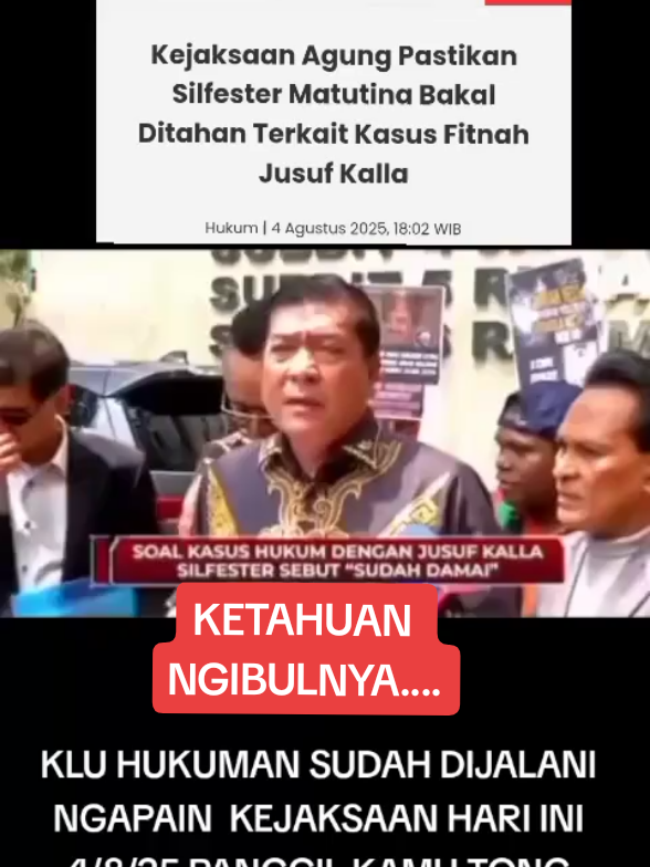 JAKARTA, KOMPAS.TV - Kepala Pusat Penerangan Hukum (Kapuspenkum) Kejaksaan Agung (Kejagung) Anang Supriatna menyatakan Ketua Umum Solidaritas Merah Putih Silfester Matutina akan ditahan terkait kasus fitnah terhadap mantan wakil presiden RI, Jusuf Kalla. Silfester diketahui telah divonis bersalah atas kasus fitnah terhadap Jusuf Kalla pada 2017 silam. Silfester dinilai menyebarkan fitnah dengan menyebut Jusuf Kalla menggunakan isu SARA dalam kampanye pemenangan Anies Baswedan-Sandiaga Uno di Pilkada Jakarta 2017. Anang Supriatna menyebut putusan hukum terhadap Silfester sudah bersifat inkracht. Sehingga, pihaknya akan mengeksekusi putusan hakim secara paksa. 