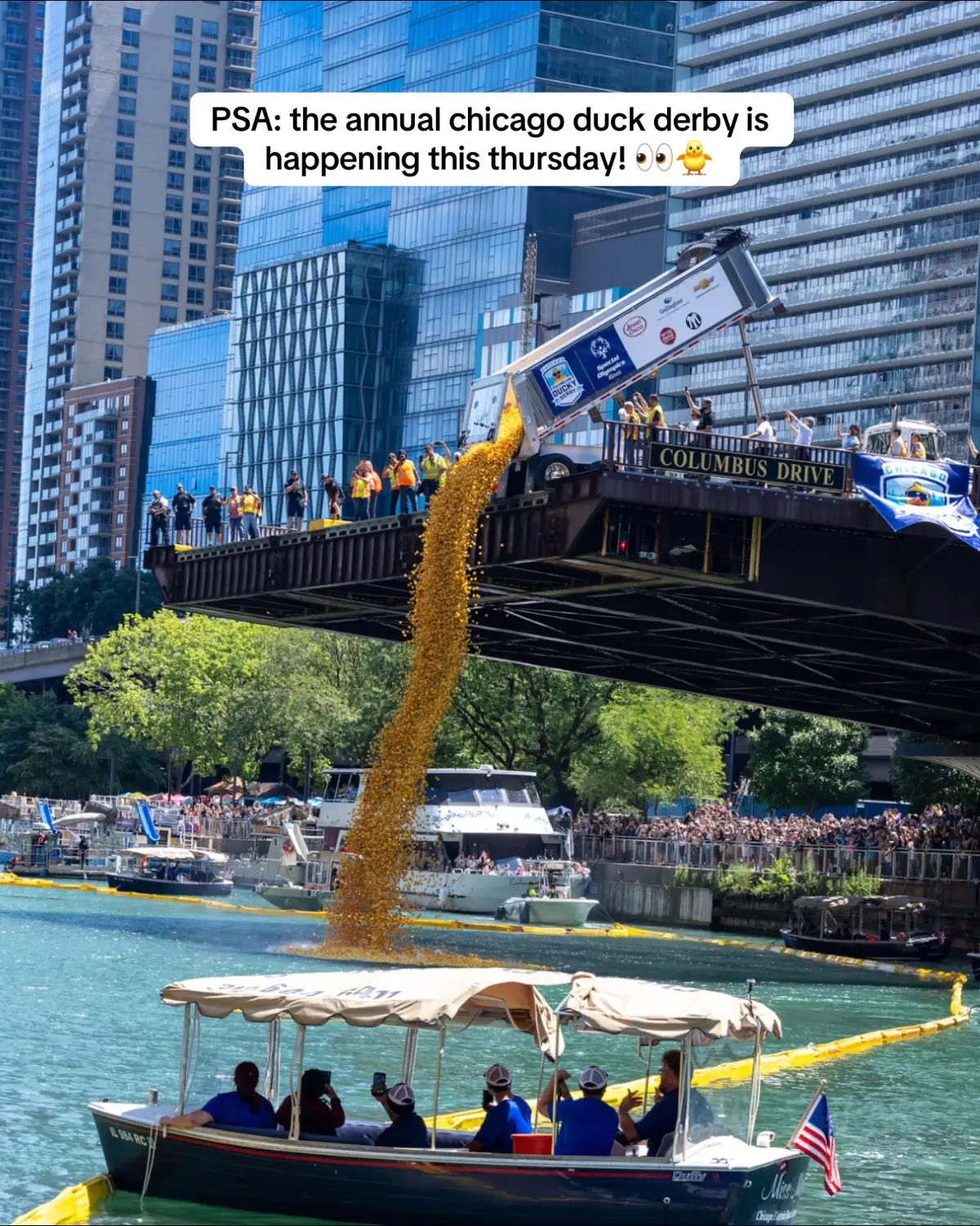 The annual Chicago Ducky Derby is happening Thursday (8/7), taking place at the Columbus Drive Bridge 🐤 Last chance to adopt a duck and show @Special Olympics Illinois athletes you are rooting for them. See more + ducks available starting at just $10 at our link in bio #Partner #ChicagoBucketList #ChiDuckyDerby