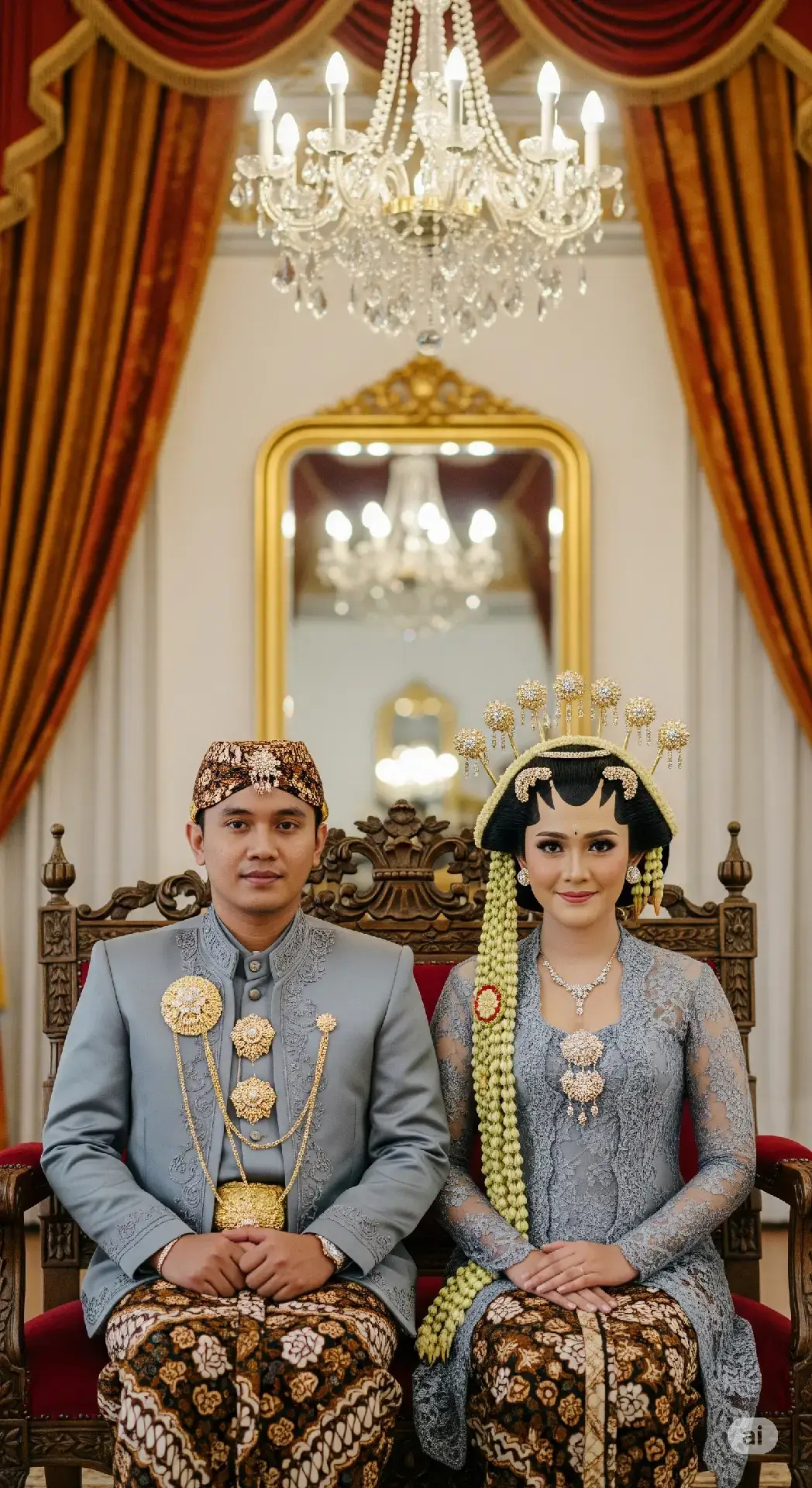 Prompt:Sepasang pengantin Jawa duduk berdampingan di kursi kayu ukir klasik dengan nuansa kerajaan. Pengantin pria mengenakan beskap abu-abu dengan aksesori emas dan kain batik serta blangkon. Pengantin wanita mengenakan kebaya abu-abu bermotif renda dengan sanggul paes ageng yang dihiasi perhiasan emas. Latar belakang istana mewah dengan tirai merah keemasan, lampu gantung kristal, dan cermin besar berbingkai emas. Gaya formal, duduk saling menggenggam tangan, pencahayaan sinematik, suasana elegan dan tradisional, detail tinggi, resolusi 4K. #geminiai #chatgpt #aifoto #editfoto #fyp 
