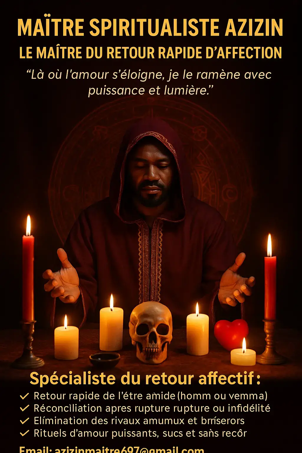 ❤️‍🔥 MAÎTRE SPIRITUALISTE AZIZIN – LE MAÎTRE DU RETOUR RAPIDE D’AFFECTION ❤️‍🔥 « Là où l’amour s’éloigne, je le ramène avec puissance et lumière » Avez-vous été abandonné(e) par l’être que vous aimez ? Votre partenaire vous a tourné le dos sans raison ? La communication s’est brisée, les sentiments se sont refroidis ou une autre personne a pris sa place ? ⚠️ Ne laissez pas la souffrance détruire votre cœur. 🔮 Le Grand Marabout Spiritualiste Maître AZIZIN, héritier de puissants secrets mystiques, est reconnu pour ramener l’amour véritable rapidement, durablement et sans douleur. --- 💘 Spécialiste du retour affectif : ✨ Retour rapide de l’être aimé (homme ou femme) ✨ Réconciliation de couple après rupture ou infidélité ✨ Élimination des rivaux amoureux et briseurs de foyer ✨ Stabilisation des relations et des sentiments ✨ Renforcement des liens émotionnels et du dialogue ✨ Rituels d’amour puissants, sûrs et sans retour négatif --- 🌟 Discrétion, rapidité, efficacité. 💫 Travail spirituel à distance ou en présence – résultats visibles en quelques jours selon le cas. 📩 Email : azizinmaitre697@gmail.com 📱 WhatsApp : +229 43 02 02 90 --- 💞 Ne laissez pas l’amour vous échapper. Faites appel à Maître AZIZIN, le guérisseur des cœurs et des destinées. #RetourAffectif  #AmourPerdu  #MaîtreAzizin  #RituelDAmour  #RapprochementAffectif 