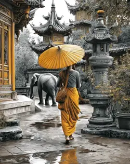 Paper skies : 🐘🐘🐘 Beneath paper skies and lacquered eaves, she moves like a memory-woven into the rhythm of old streets and golden rain, longing for the warmth of days to come “ #elephant #elephants #animalsoftiktok #bekindtoanimals #aiart 
