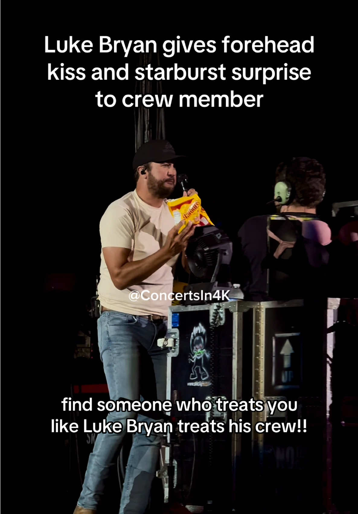 Luke Bryan gives forehead kiss and starburst surprise to crew member. Find someone who treats you like Luke Bryan treats his crew!! @Luke Bryan  #lukebryan #lukebryanconcert #countrysongcameontour #countrysongcameon #countrysongcameontour2025 #lukebryanfunny #lukebryandrunk #lukebryanlive 