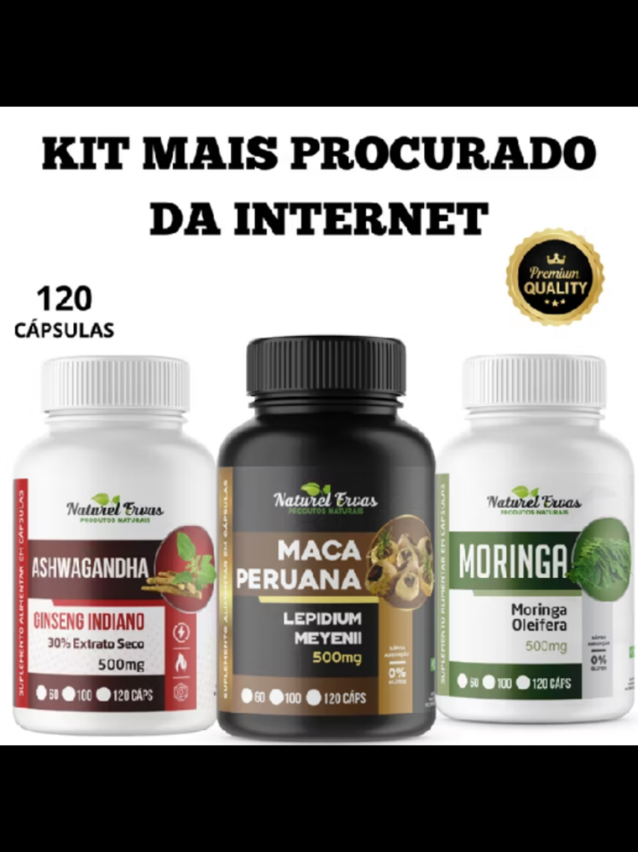 Kit com Ashwagandha, Maca Peruana e Moringa. 360 cápsulas de 500mg para saúde e bem-estar. #SuplementoNatural #Saúde