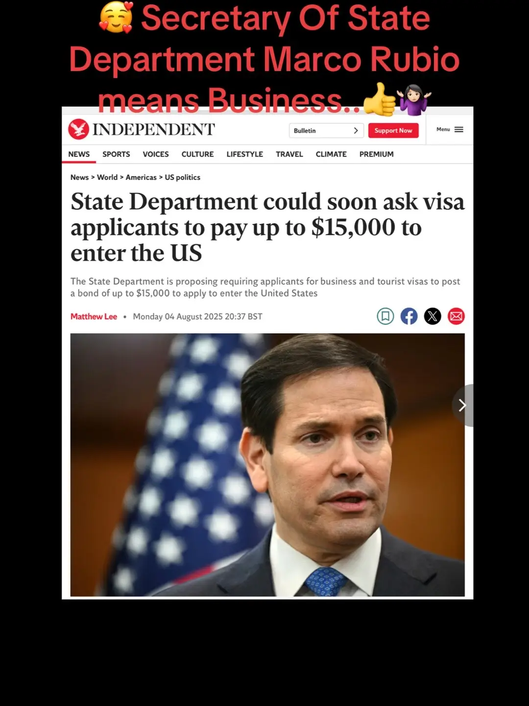 Our Secretary State Department Marco Rubio 👉 If you come overstay your visa, you forfeit $15,000. get deported & barred from re-entry for years…🤷🏻‍♀️