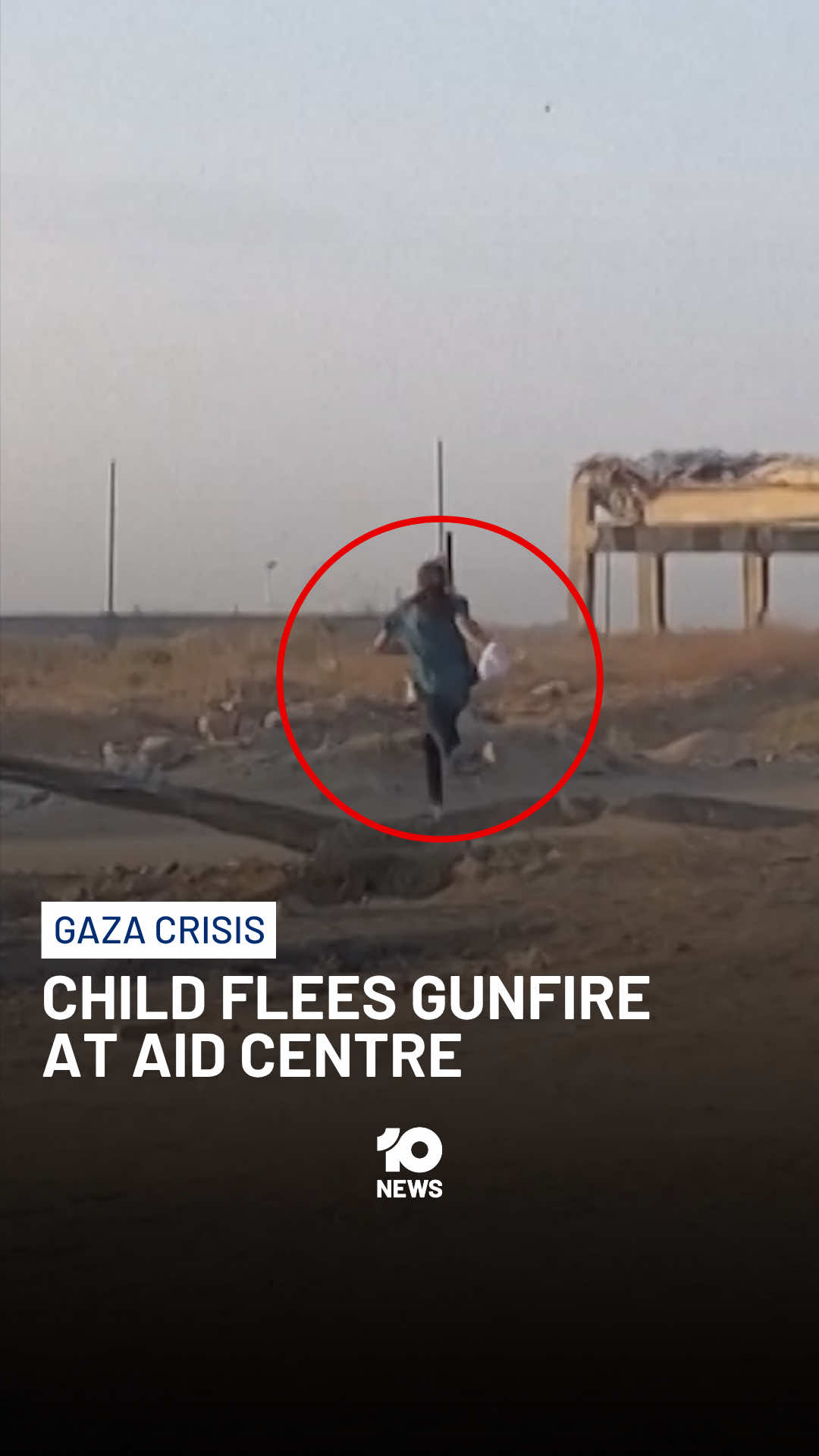 WARNING: Viewer discretion is advised. Vision has emerged of Palestinians running from gunfire and bullets near a a Gaza Humanitarian Foundation aid distribution site in central Gaza. A child is seen running towards a crowd of people as gunfire rings out, before another clip shows a group of Palestinians taking shelter behind a mound of dirt which is being hit by gunshots. The vision was captured on August 2. The United Nations says more than 1,000 people have been killed at GHF sites since May 2025, most of them shot by Israeli forces operating near these sites. #gaza #aid #israel #palestine #10news