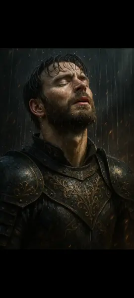 Prompt: Create a hyperrealistic portrait based on the attached close-up image of a medieval knight standing in the rain, his eyes closed and his face turned skyward in a moment of emotional intensity and contemplation. His wet, tousled hair sticks to his forehead, and his face glistens with raindrops and sweat. He wears black armor with richly embroidered gold details, adorned with ornamental patterns and metallic textures. The lighting is dramatic, highlighting the water droplets, facial features, and the shine of the armor. The atmosphere is dark and stormy, with defocused orange embers floating around, enhancing the emotional tone of the scene. Ultra-realistic details in the skin, wet strands of hair, and rain effects. 8K resolution, cinematic lighting, shallow depth of field, inspired by the aesthetics of Renaissance painting and epic fantasy. #CapCut  #tik_tok  #chatgpt  #chirsevans  #warriors  #IA  #selfie  #prompt 