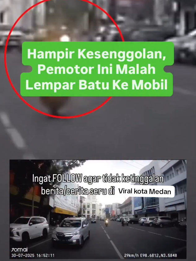 Hampir Senggolan, Pemotor Ini Malah Lempar Batu ke Pemobil di Medan Menurut pengirim video selaku korban, saya masuk jalan Suprapto menuju ke jalan Pemuda, medan 30 Juli 2025 jam 16.50Wib, saya sudah menghidupkan sein kanan sebagai tanda saya mau ke kanan. tapi ada pemotor yang seenak jidatnya berkendara.  #medan #beritamedan #fypシ゚ #medanviral #fyp 