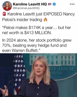 🚨Karoline Leavitt isn’t holding back. Nancy Pelosi’s 2024 stock portfolio reportedly skyrocketed 70% in one year, while her congressional salary is $174,000. Should members of Congress be banned from trading stocks? Follow @KarolineLeavittHQ for real updates the media ignores.