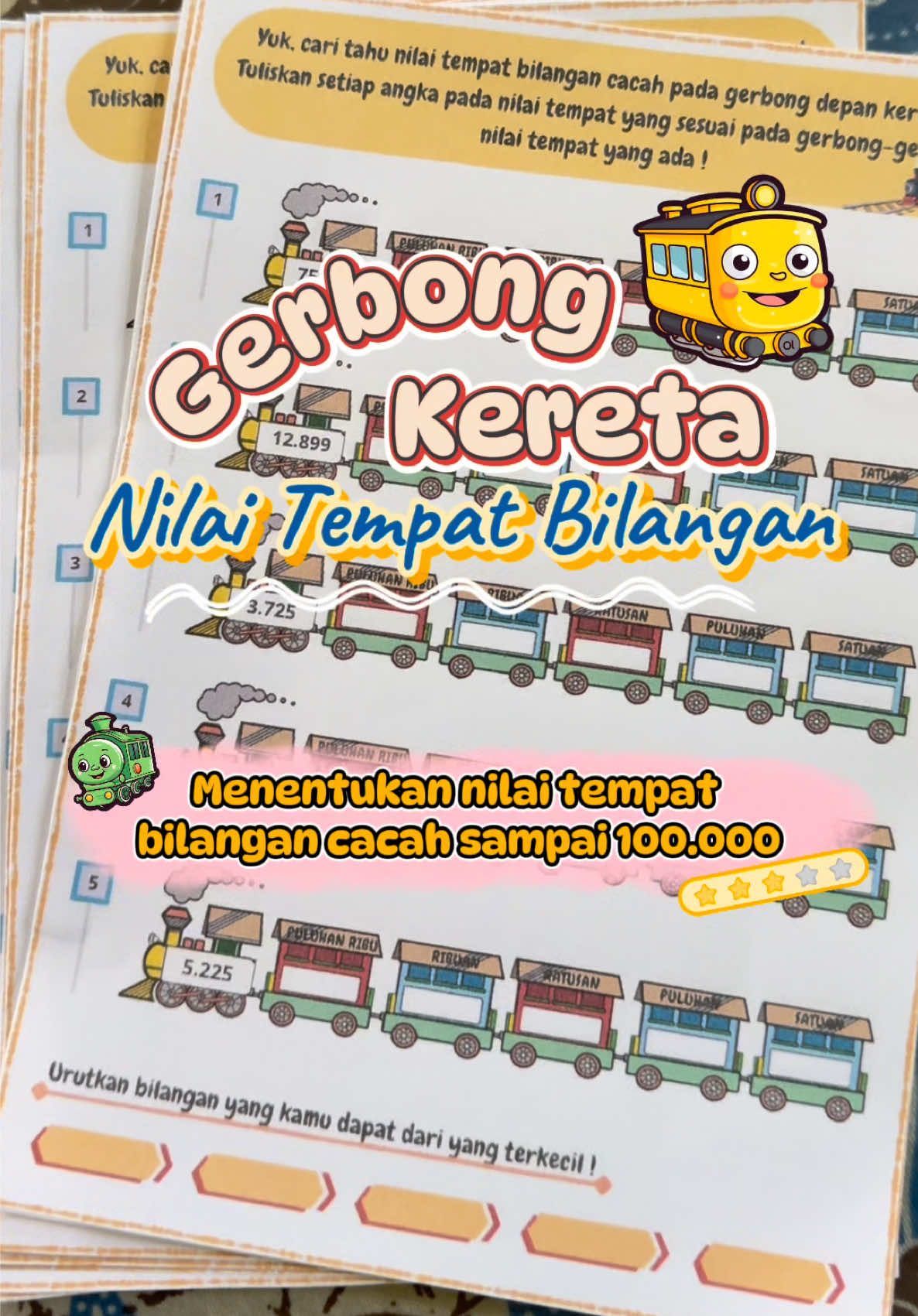 MATEMATIKA ~ BILANGAN CACAH SAMPAI 100.000 🔢 • Gerbong Kereta Nilai Tempat Bilangan 🚂 • Naik kereta angka yuk ! Belajar nilai tempat bilangan jadi seru banget bareng gerbong kereta! Hari ini, kita tidak belajar di kelas biasa. Kita naik kereta angka !🚂 Setiap angka punya tempat duduknya masing-masing: dari satuan, puluhan, ratusan, ribuan bahkan puluhan ribu ! Ayo kita cari tahu setiap angka yang ada duduk di gerbong mana ~ #matematika #bilangancacah #nilaitempatbilangan #lkpd #gerbongkerata 