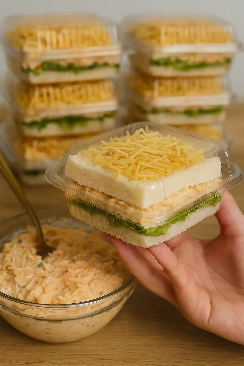 Ingredientes: 1 peito de frango cozido e desfiado Cheiro-verde a gosto 150g de requeijão cremoso 1 cenoura ralada Milho-verde a gosto Maionese (pode usar versão tradicional ou light) Pão de forma sem casca Alface picada Batata palha para finalizar --- 👩‍🍳 Modo de Preparo: 1. Refogado de Frango: Em uma panela, adicione o frango já cozido e desfiado. Misture o cheiro-verde a gosto. Acrescente 150g de requeijão cremoso e mexa bem. 2. Complementos: Junte a cenoura ralada e o milho-verde. Adicione maionese para dar cremosidade (pode misturar um pouco de creme de leite se preferir uma versão mais leve). Mexa até formar um recheio bem cremoso e homogêneo. Reserve. 3. Montagem: Em uma embalagem plástica, coloque uma fatia de pão de forma. Adicione uma camada de alface e depois o recheio cremoso de frango. Cubra com outra fatia de pão. Finalize com um pouco de maionese por cima e batata palha. 4. Armazenamento e Venda: Tampe bem as embalagens. Conserve sob refrigeração e consuma em até 2 a 3 dias. Ideal para vender em escolas, escritórios, lanchonetes ou sob encomenda. #FaçaEVenda, #ReceitaQueVende, #LancheNatural, #FrangoCremoso, #comidaparavender 