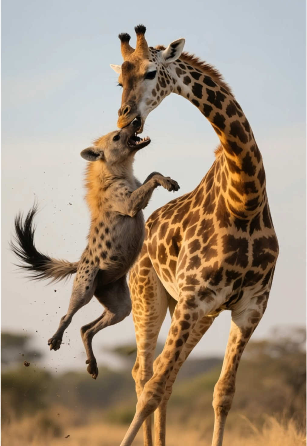 The giraffe bites the hyena and spins around crazily.
