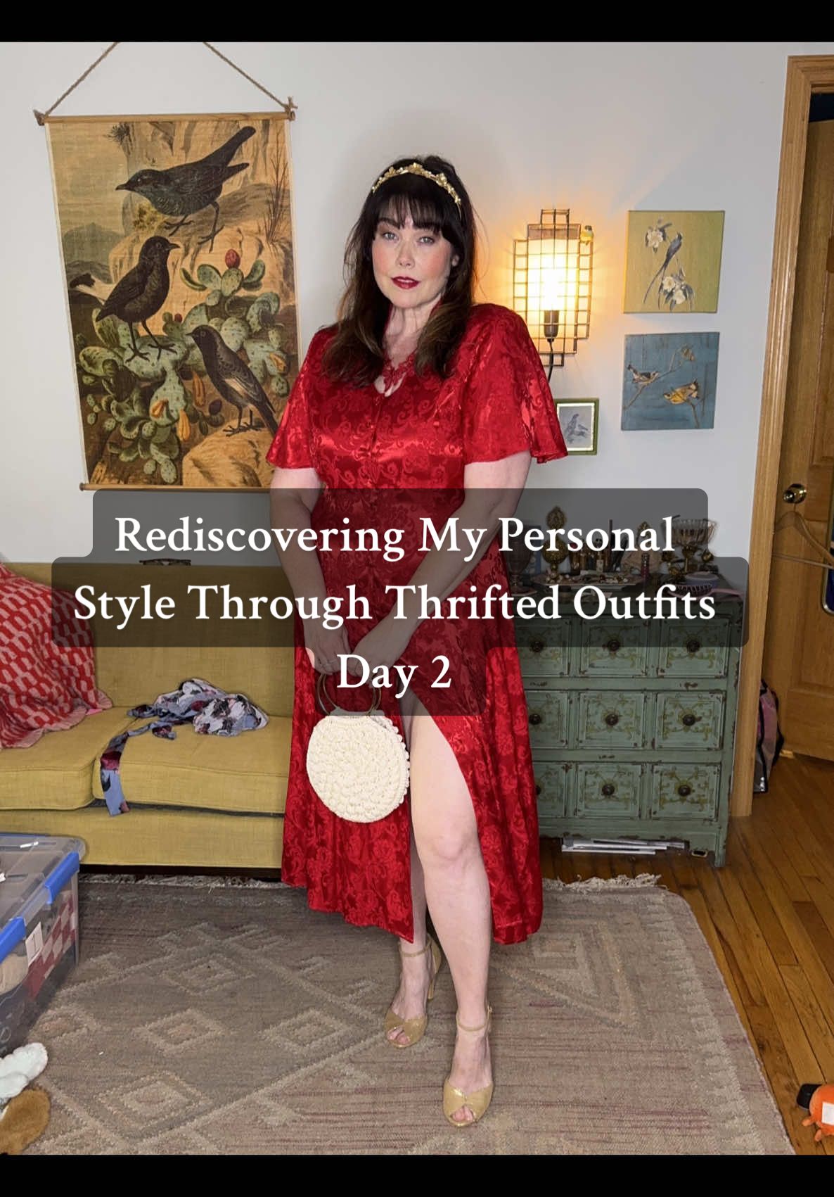 Day 2 of rediscovering my personal style through thrifted outfits! Today’s look is all about this stunning vintage red brocade dress. I love the color, the shoulder pads, the detail at the collar and the corset lacing at the back! Styled it with gold shoes, a pretty little bag and put my hair up…but I still feel like something is missing. What do you think??!!!  I’ll be sharing my thrifted outfits everyday for the next 20ish days, so be sure to check back tomorrow for a new look!  #thriftedoutfits #vintagefashion #reddress #plussizefashion #plussizevintage 