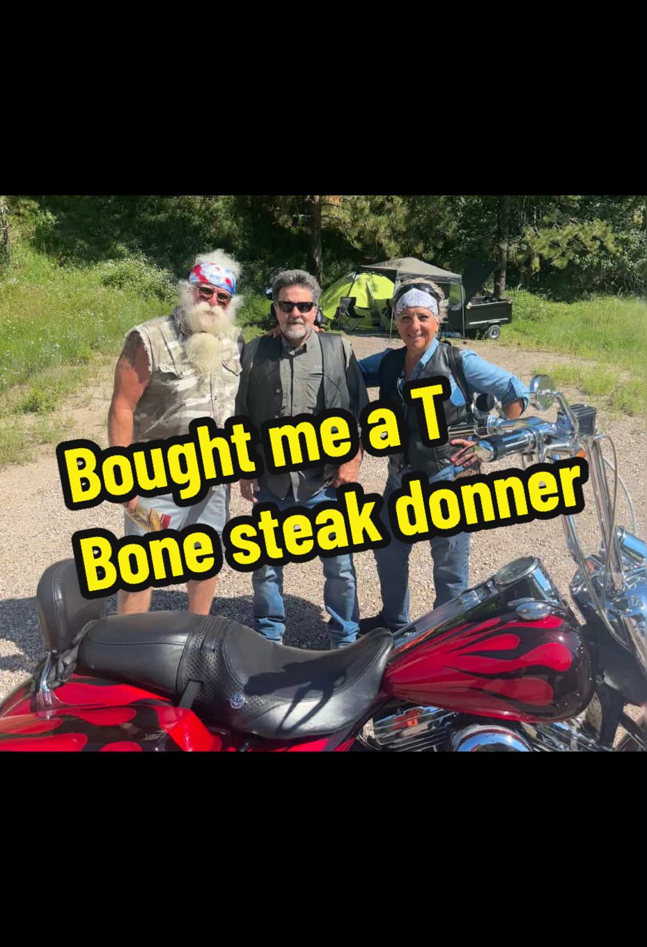 Mark and Gina Chavez from  New Mexico took me out and bought me a T Bone steak in Deadwood  along with Family friend John. We also talked and visited for over 3 hours and solved all the world’s mysteries. lol.. sturgis Bike week has been like a big Biker family reunion. The rally Experience has to be lived and cannot be explained.#bikerguru #bikertok #bikersoftiktok #motorcyclecamping #