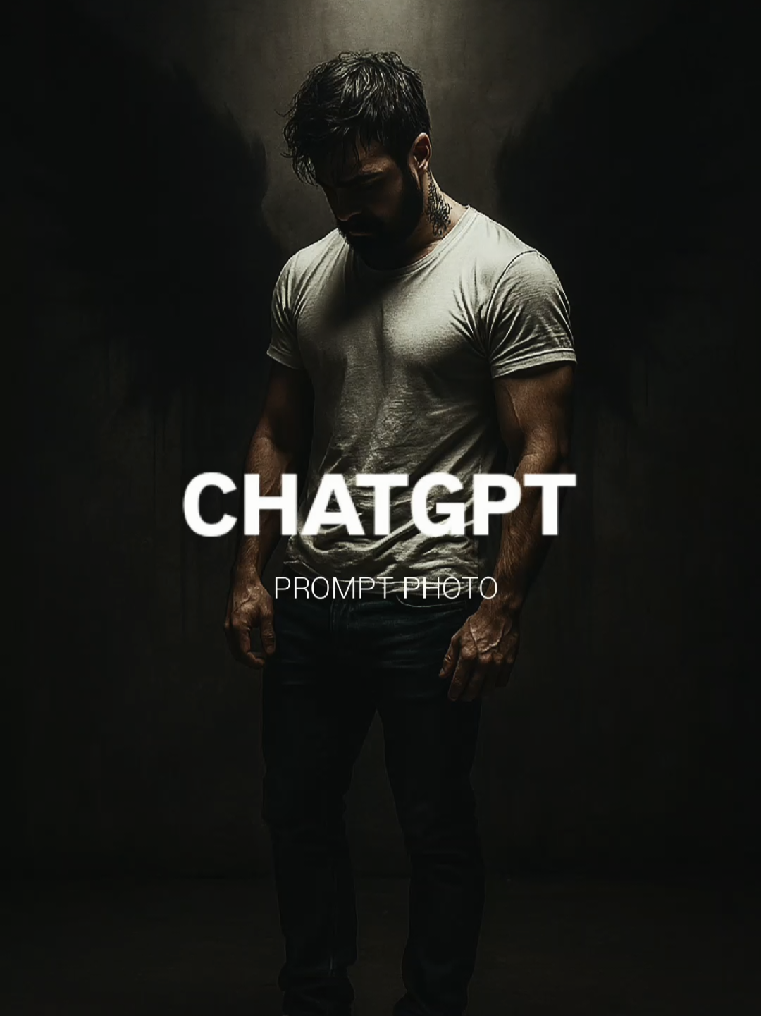 📷 ChatGpt prompt Photo Crie imagens incríveis usando o ChatGpt  Use esse prompt 😎👇 Prompt nos comentários  Conceptual Art in 4K (stylized, dark, psychological portrait) > ((masterpiece)), ((ultra-detailed, hyper-realistic portrait)), cinematic low-key lighting, conceptual art photography, 4K UHD resolution A man alone in a dark room with rough concrete walls. He wears blue jeans, a simple white T-shirt, and classic Converse Chucks. His head is slightly lowered. His face, faithful to your photo: salt-and-pepper beard, charismatic features, deep and melancholic gaze, a clearly visible black floral tattoo on his neck, expresses a heavy introspection. His dark, wet hair, partially wavy, falls in front of his eyes. A beam of harsh light falls from the ceiling, cutting his body off from the rest of the darkened room. Behind him, a shadow is cast against the wall, but it is no ordinary shadow: dark, almost demonic wings seem to emerge from his back, symbolically encircling him. These shadowy wings embody inner burdens, loneliness, and invisible struggles. The entire scene evokes a work of dramatic conceptual photography: minimalist composition, stark contrasts between light and dark, raw emotion, and profound visual symbolism. The image conveys psychological isolation and the poignant beauty of silent despair. #viralvideos #fy #chatgpt #aifotos #tutorialai #ia #imagenscriativas 